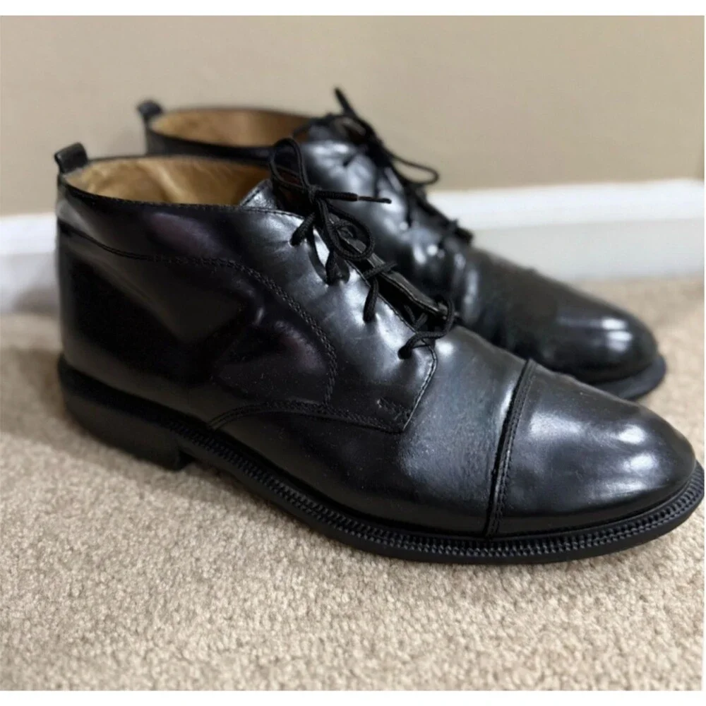 Kenneth Cole Mens 11.5 Black Leather Cap Toe Chukka Boots Lace Up Dress Shoes